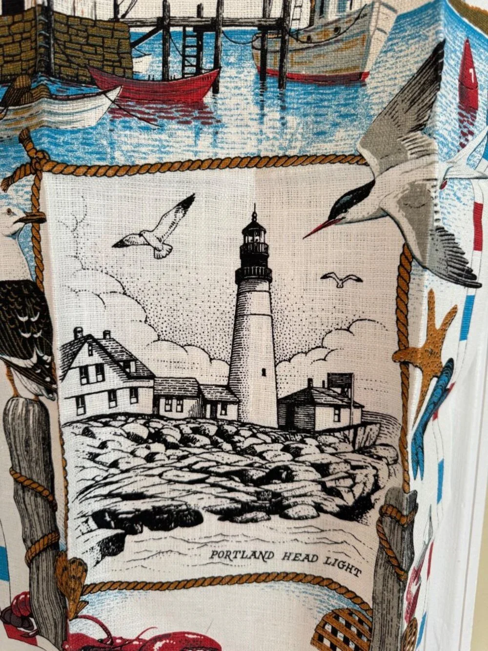 Vintage Kay Dee Linen Tea Towel Portland Head Light Maine Lighthouse Lobster